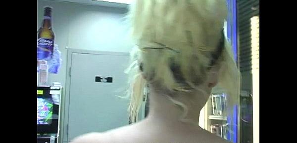  Blonde teen walks into market nude